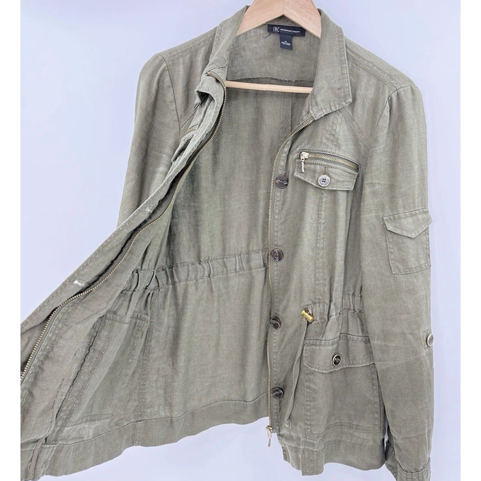 Vintage INC International Concepts Jacket Military Linen Green 100% Linen M Zip Pockets Collared Solid Green Women Adult Regular Modern Style Size M / US 6-8 / IT 42-44 - 3 Thumbnail