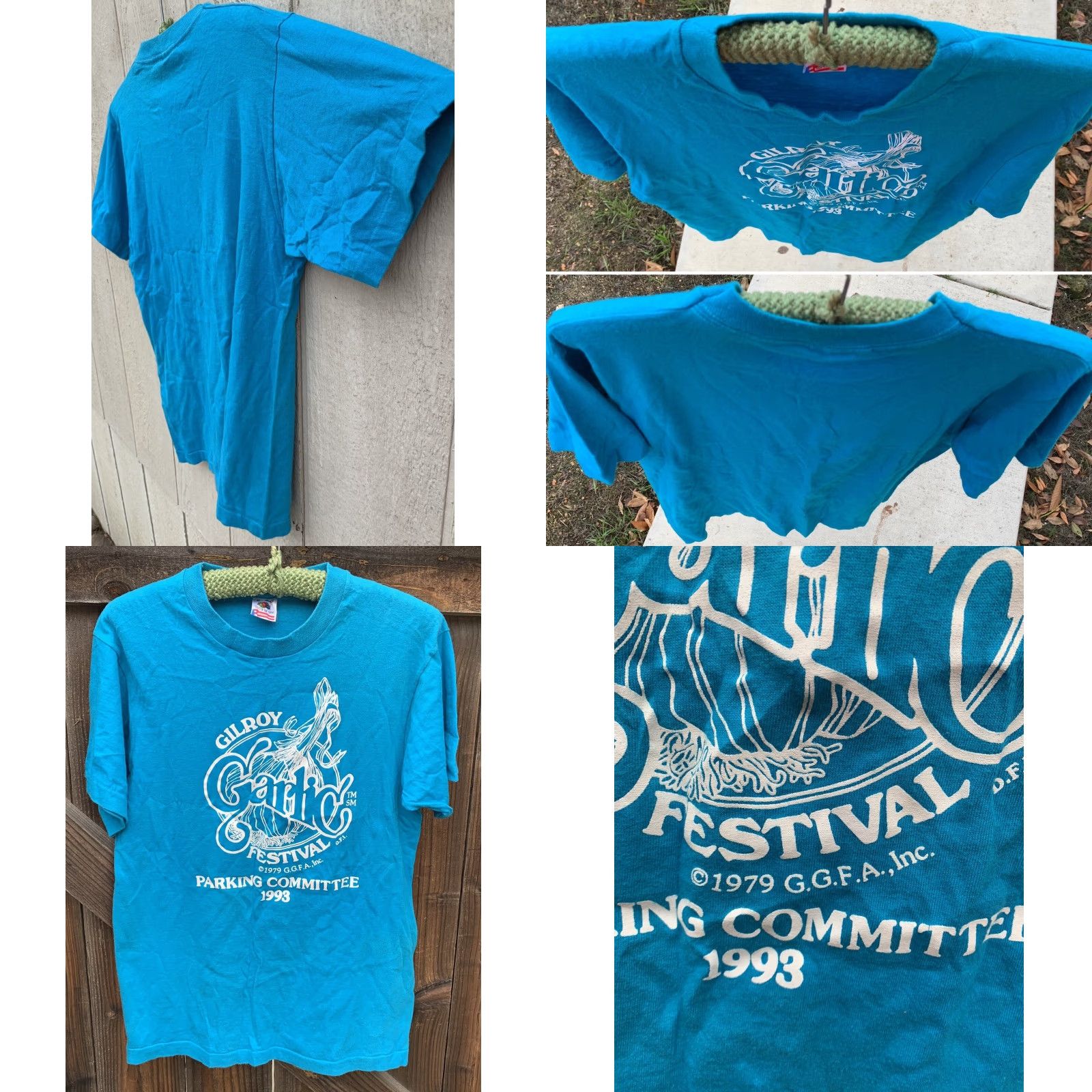Fruit Of The Loom VINTAGE Gilroy Garlic Festival GGFA Inc Parking Committee 1993 t shirt M blue cotton Men Turquoise Graphics Tee Sportswear/Beach 1990s Shirt Size US M / EU 48-50 / 2 - 8 Thumbnail