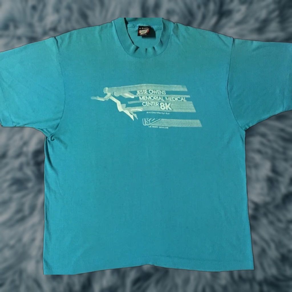 Vtg 80s Jesse Owens Memorial Center Faded Marathon Shirt M Blue Short Sleeve T-Shirt Mens Grunge Sports Track & Field USA USA