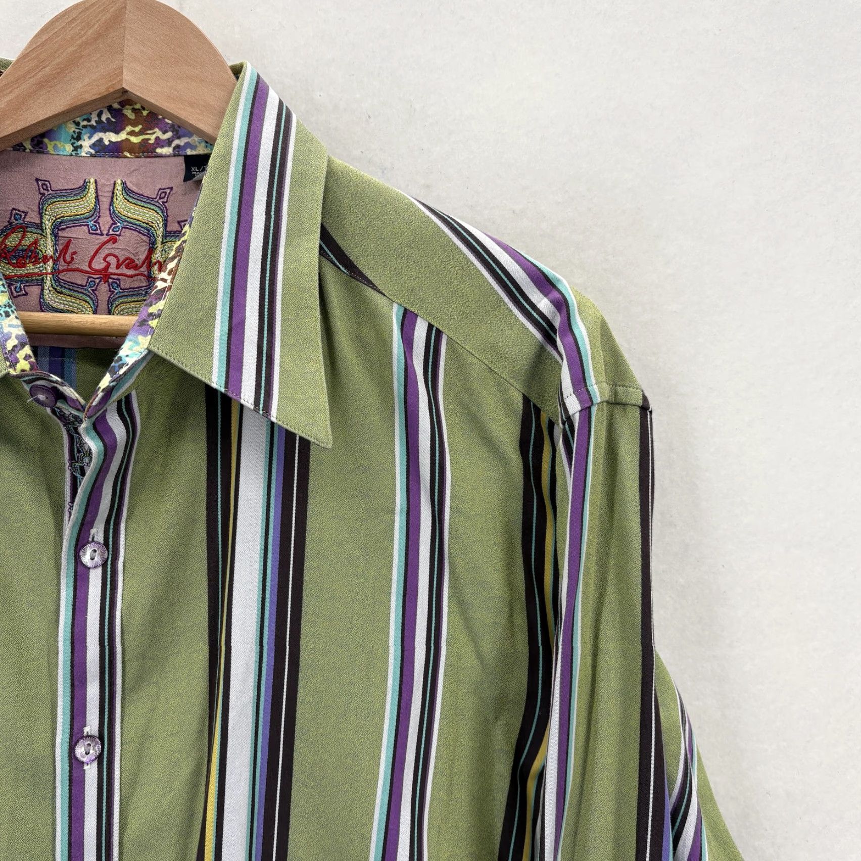 Robert Graham Robert Graham Shirt Mens XL Green Stripe Long Sleeve Button-Up Contrast Cuff Size US XL / EU 56 / 4 - 3 Thumbnail