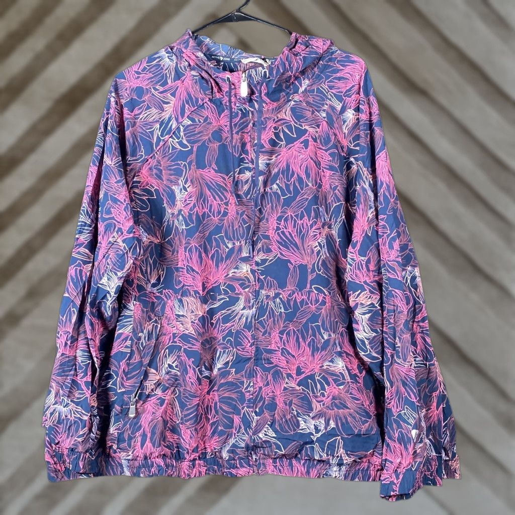Vintage Active Zone Women Jacket Blue Pink Floral Full Zip Hooded Lightweight Stretch 2X Size XXL / US 16-18 / IT 52-54 - 1 Thumbnail