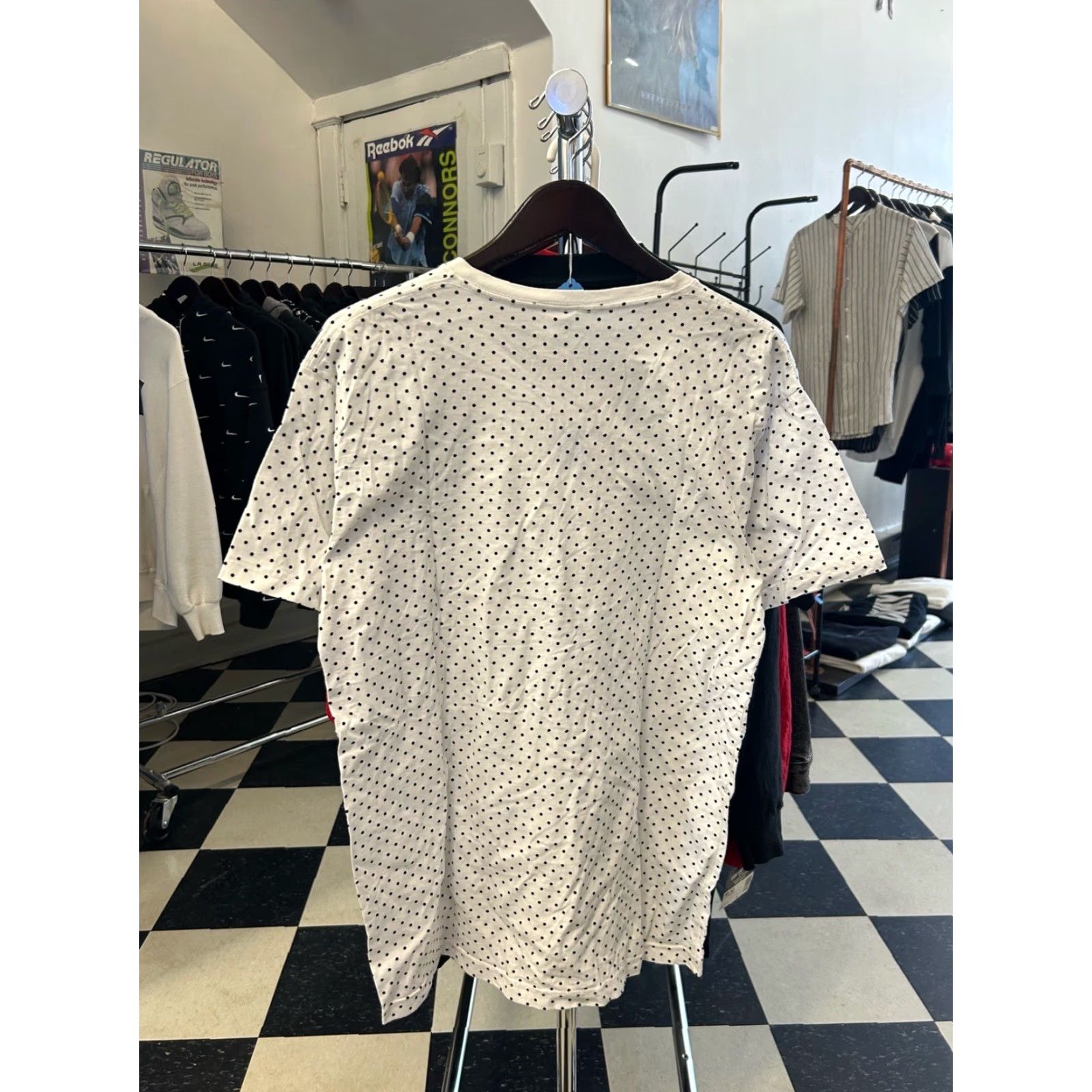 American Apparel OG american apparel tall tee mens L t-shirt White polka dot USA 2010s Crew Neck 100% cotton Shirt Mens Long 31” 22” 8" sleeves Size US L / EU 52-54 / 3 - 5 Thumbnail