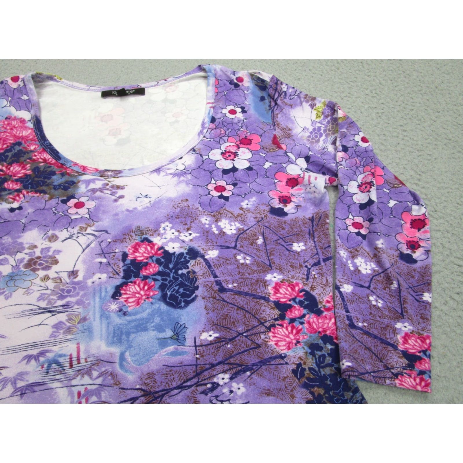 Vintage VINTAGE Karen Kane Shirt Womens L Purple Floral 3/4 Sleeve Jersey AOP Y2K Size L / US 10 / IT 46 - 2 Thumbnail