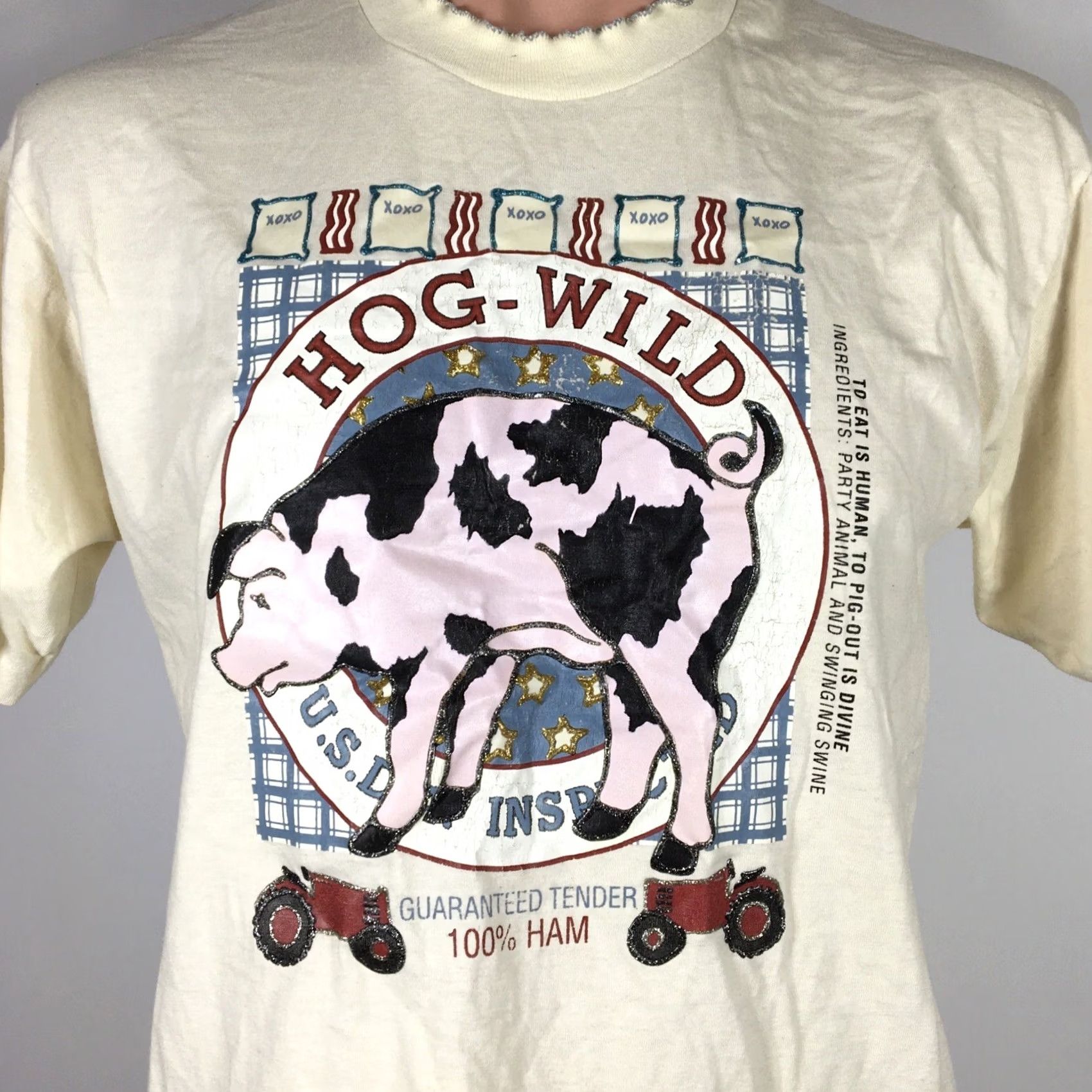 Fruit Of The Loom VINTAGE 80s HOG Wild-To eat is Human-To Pig Out is Divine Single Stitch T-Shirt L Ivory Men Size US L / EU 52-54 / 3 - 3 Thumbnail