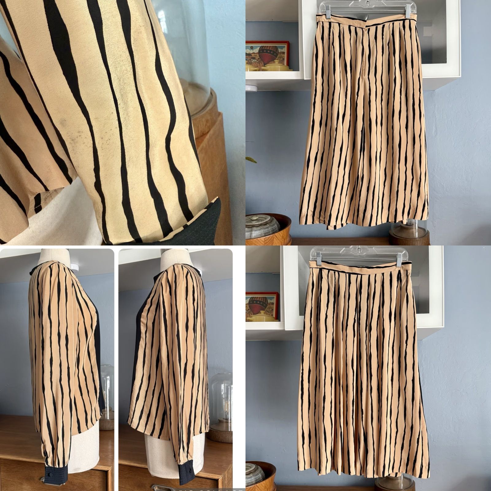 Vintage VINTAGE DAVID HAYES 3pc Silk Blouse Blazer Skirt Suit - Striped - Size M/L - Women - Classic Fit - 80s 90s City Preppy Holiday Party Workwear Size M / US 6-8 / IT 42-44 - 8 Thumbnail