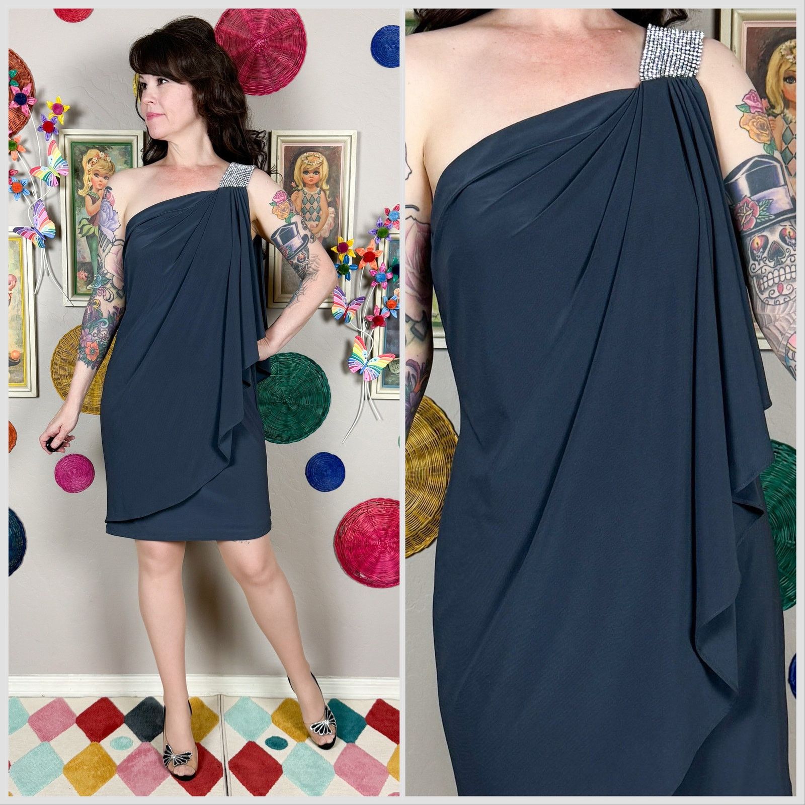 Vintage Vintage Y2K Caché Grey One Shoulder Grecian Drape Minidress Size M / US 6-8 / IT 42-44 - 1 Thumbnail