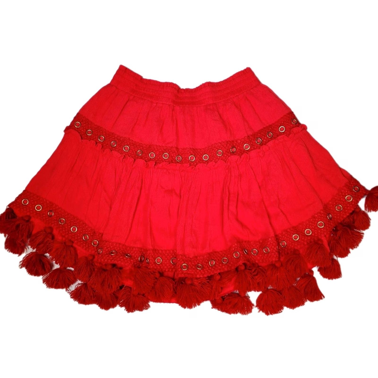 MISA Los Angeles MISA Los Angeles Red Tasseled Fringe Metal Eyelet Tiered Mini Skirt Women's Size M Size 32" / US 10 / IT 46 - 2 Thumbnail