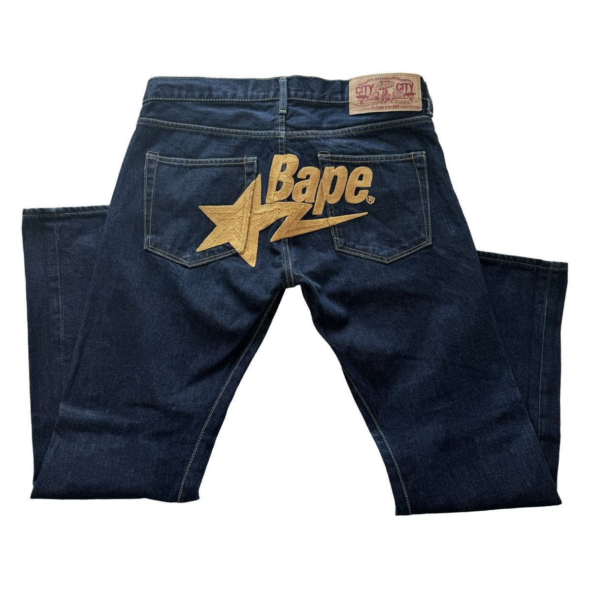 image of Vintage Y2K Mens Bape Rear Embroidered Jeans Size Medium in Blue