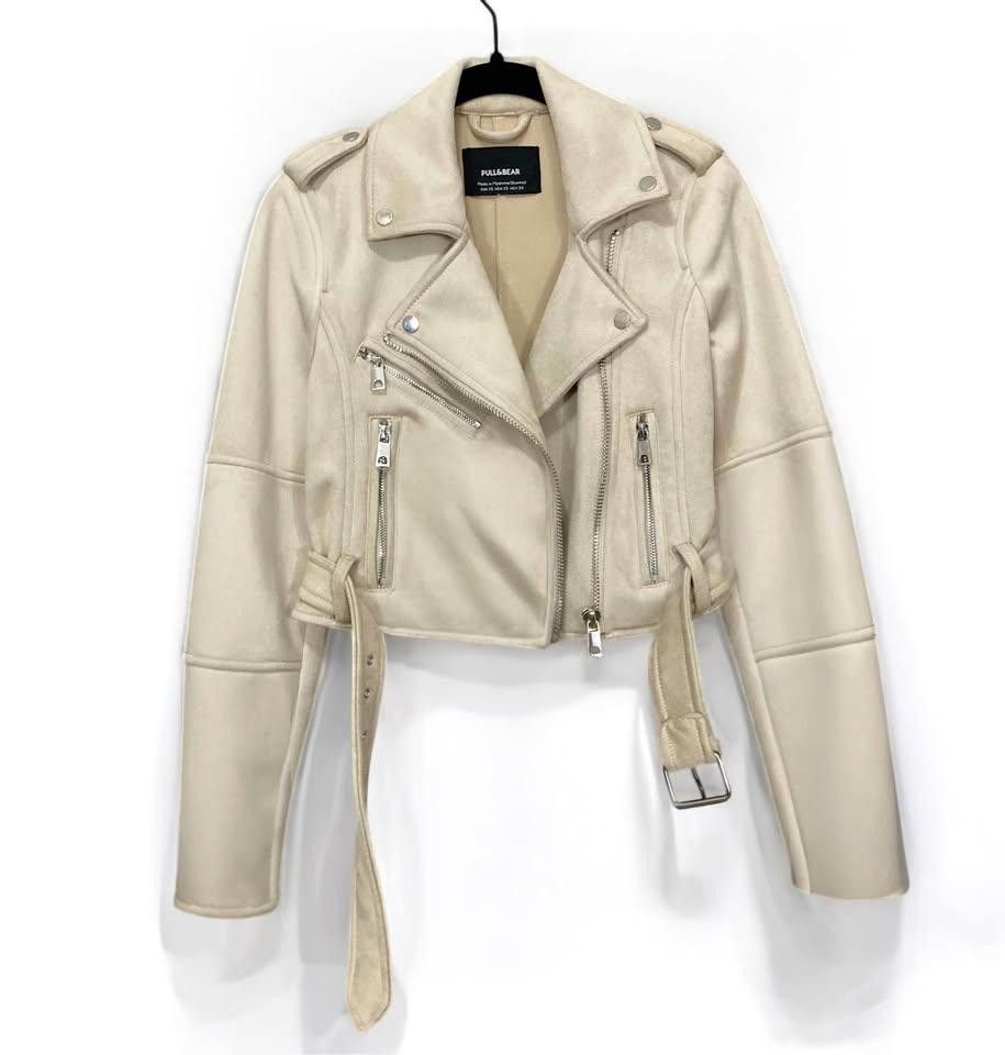 Pull & Bear Stylish Cropped Biker Jacket - Cream Color Size XS / US 0-2 / IT 36-38 - 3 Thumbnail