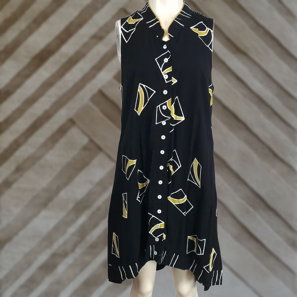 Vintage Lynz Shirt Dress Geometric Print Button Front Sleeveless Hi-Low Womens S Black Size S / US 4 / IT 40 - 1 Thumbnail
