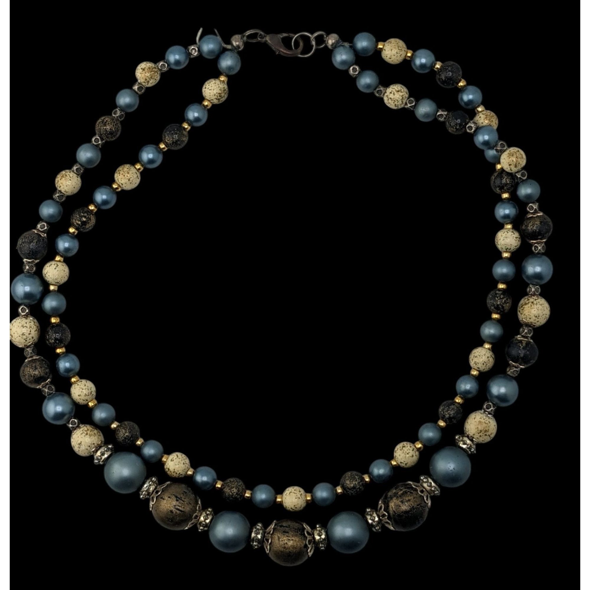 Handmade Vintage Handmade Blue Cream And Gold Double-Strand Beaded Ne Size ONE SIZE - 1 Thumbnail