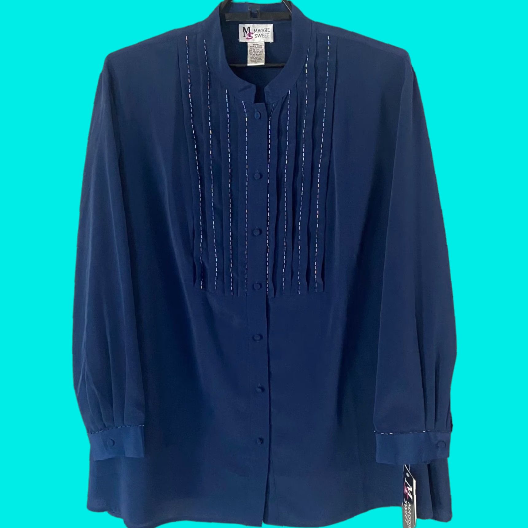 Vintage VINTAGE Maggie Sweet Beaded Button-Up Blouse Mandarin Collar Blue Women's 3X New Size XXL / US 16-18 / IT 52-54 - 1 Thumbnail