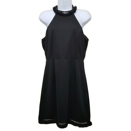Lulus Lulus L Black Halter Top Dress SKYLINE VIEW Bodycon Fringe H Size L / US 10 / IT 46 - 1 Thumbnail