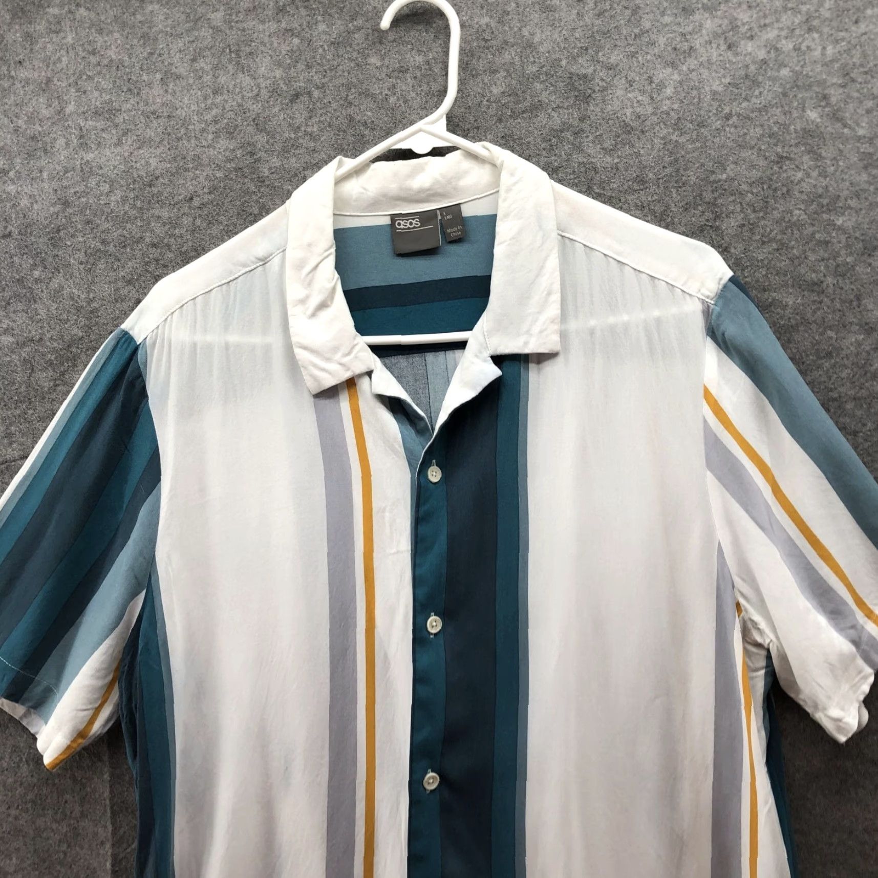 Asos ASOS Relaxed Shirt Mens L Short Sleeve Rayon Resort White Teal Striped Shirt Size US L / EU 52-54 / 3 - 3 Thumbnail