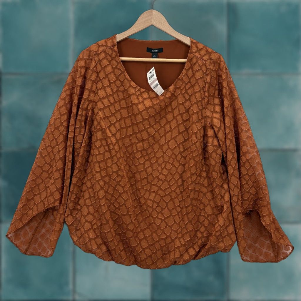 Alfani Alfani Blouse Womens 1X Orange Textured Animal Jacquard Kimono Sleeve Top Plus Size XL / US 12-14 / IT 48-50 - 1 Thumbnail