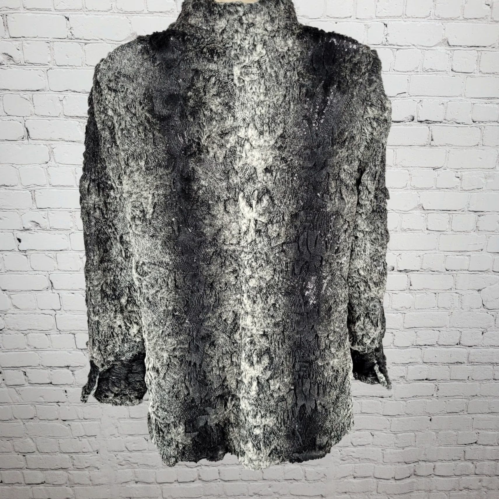 Vintage Stevie Mac New York Grey Faux Fur Sequin Pockets Snap Lined Over Coat Womens Size L / US 10 / IT 46 - 2 Thumbnail