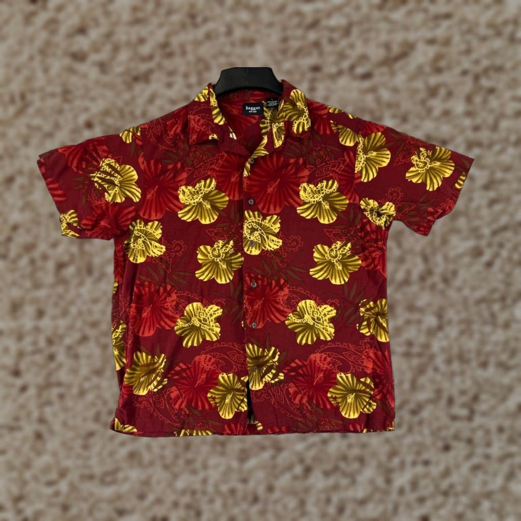 Haggar Haggar Mens Red Floral Hawaiian Hibiscus Tribal Print 100% Rayon Shirt Large Button-Up Casual Resort Luau Aloha 90s Womens? Size US L / EU 52-54 / 3 - 1 Thumbnail