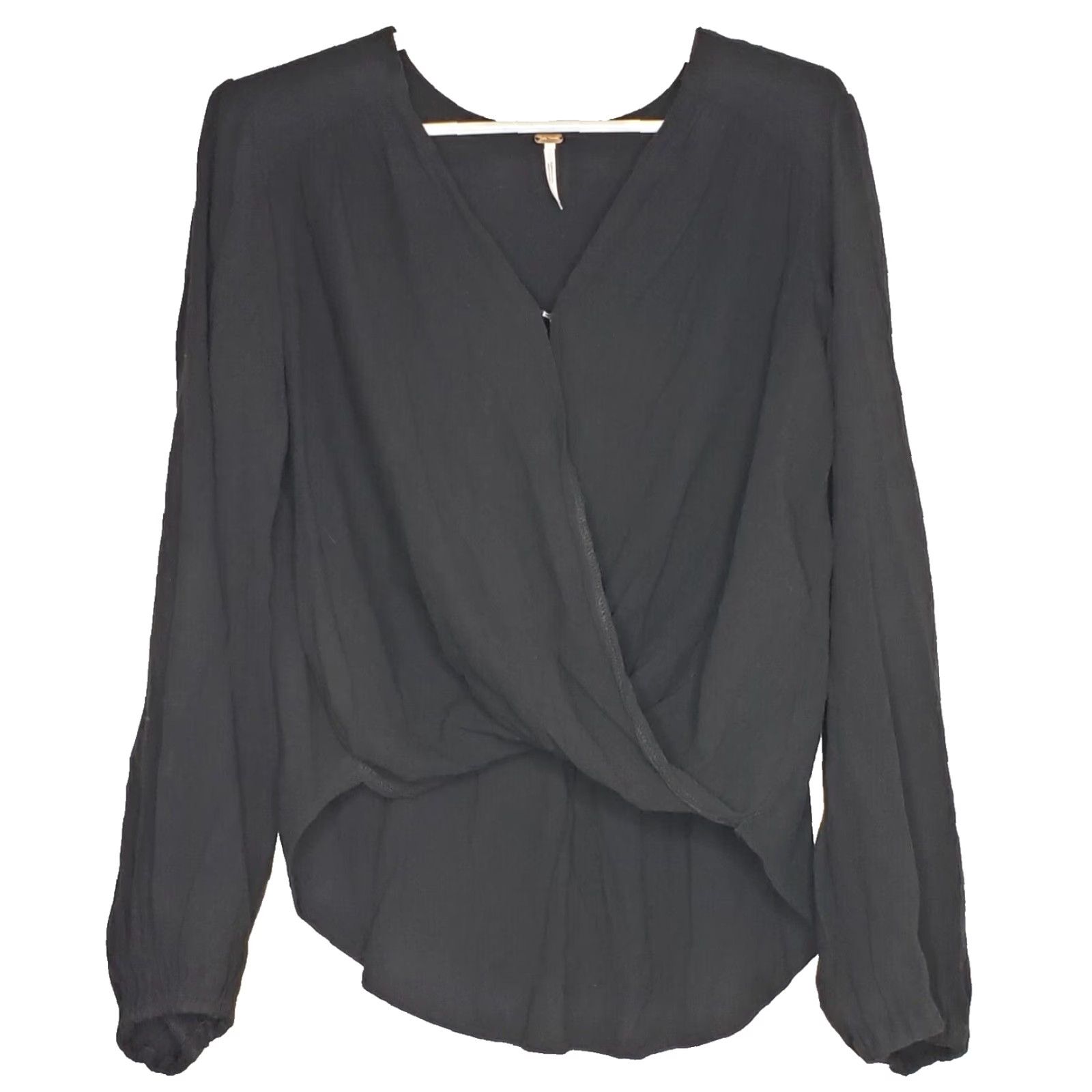 Free People Free People Women's Top XS Black Long Sleeve Wrap Hook & Loop Front HiLo Viscose Blouse Size XS / US 0-2 / IT 36-38 - 2 Thumbnail