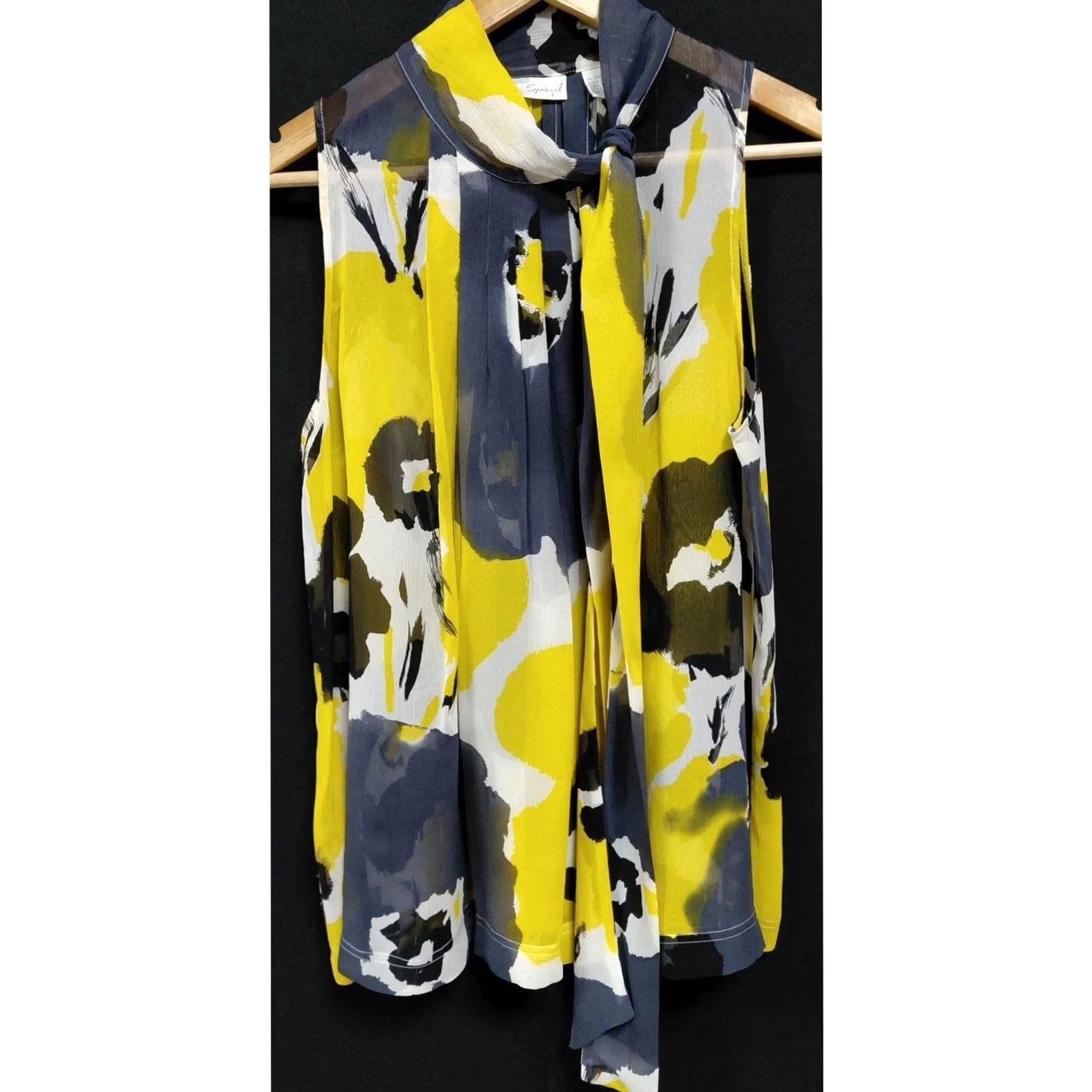 Escada Spiegel Silk Sleeveless Blouse Abstract Collared Women Size 12 Yellow Summer Casual Business Vintage No Sleeve Tie Pullover 100% Silk Blouse Size XL / US 12-14 / IT 48-50 - 2 Thumbnail