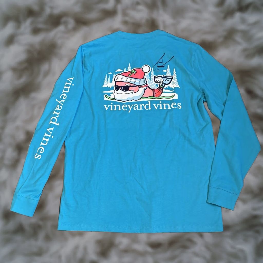 Vineyard Vines Mens Vineyard Vines T Shirt Snowboarding Santa Whale Blue M Cotton Size US M / EU 48-50 / 2 - 1 Thumbnail