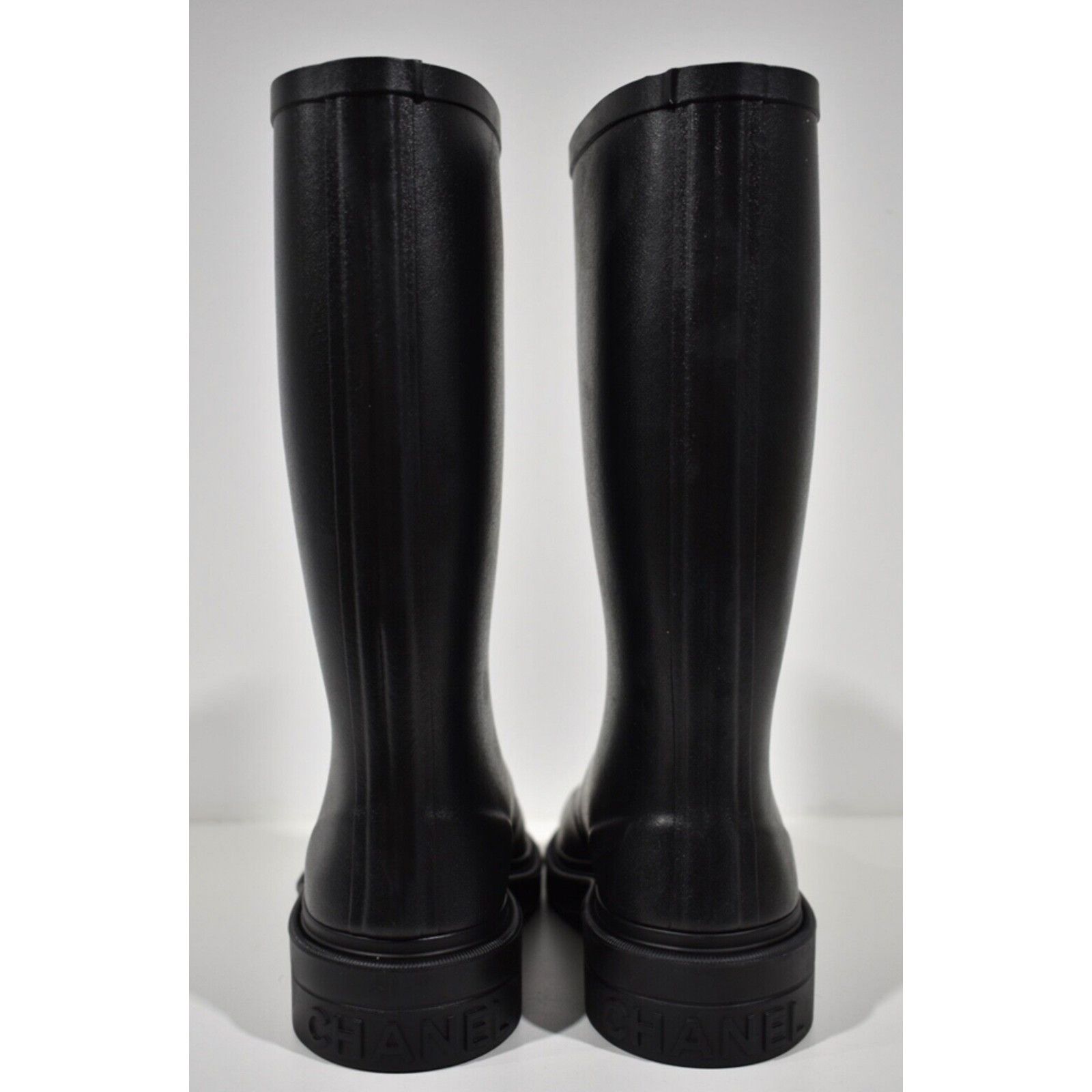 Chanel REV Black White CC Logo High Rubber Rain Boots 35