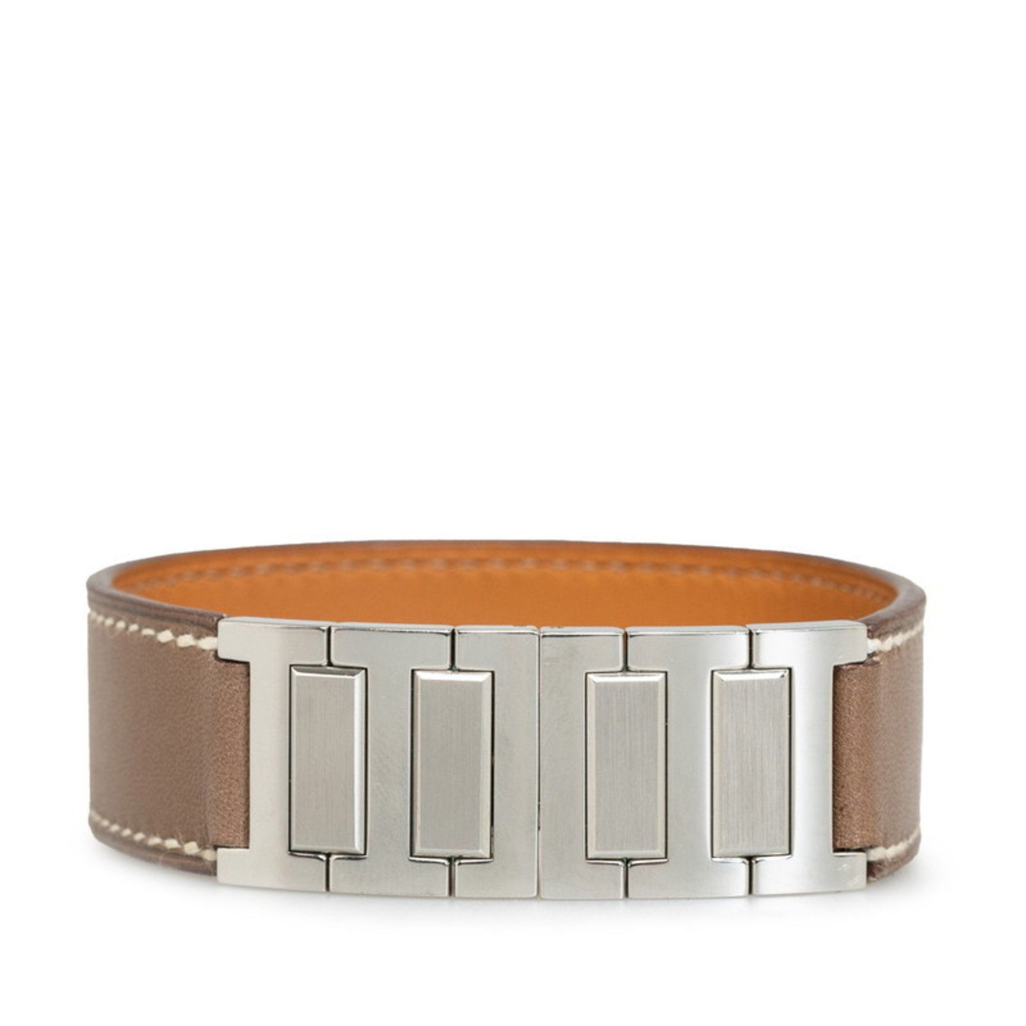 image of Hermes Bracelet Bangle Brown Leather Metal Ladies, Women's