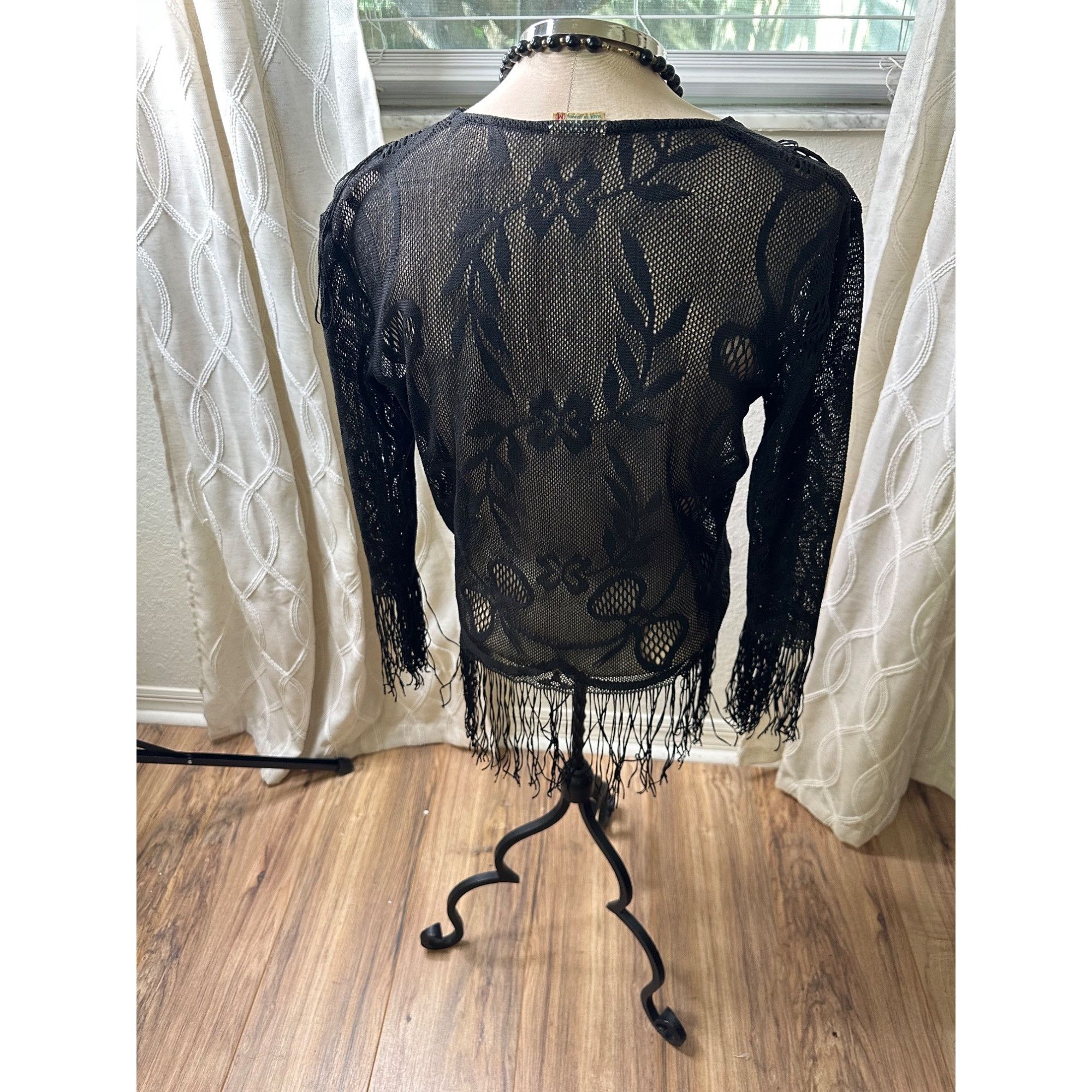Japanese Brand VTG 1950 Black handwoven open knit blouse M floral lace Pa Size M / US 6-8 / IT 42-44 - 9 Thumbnail