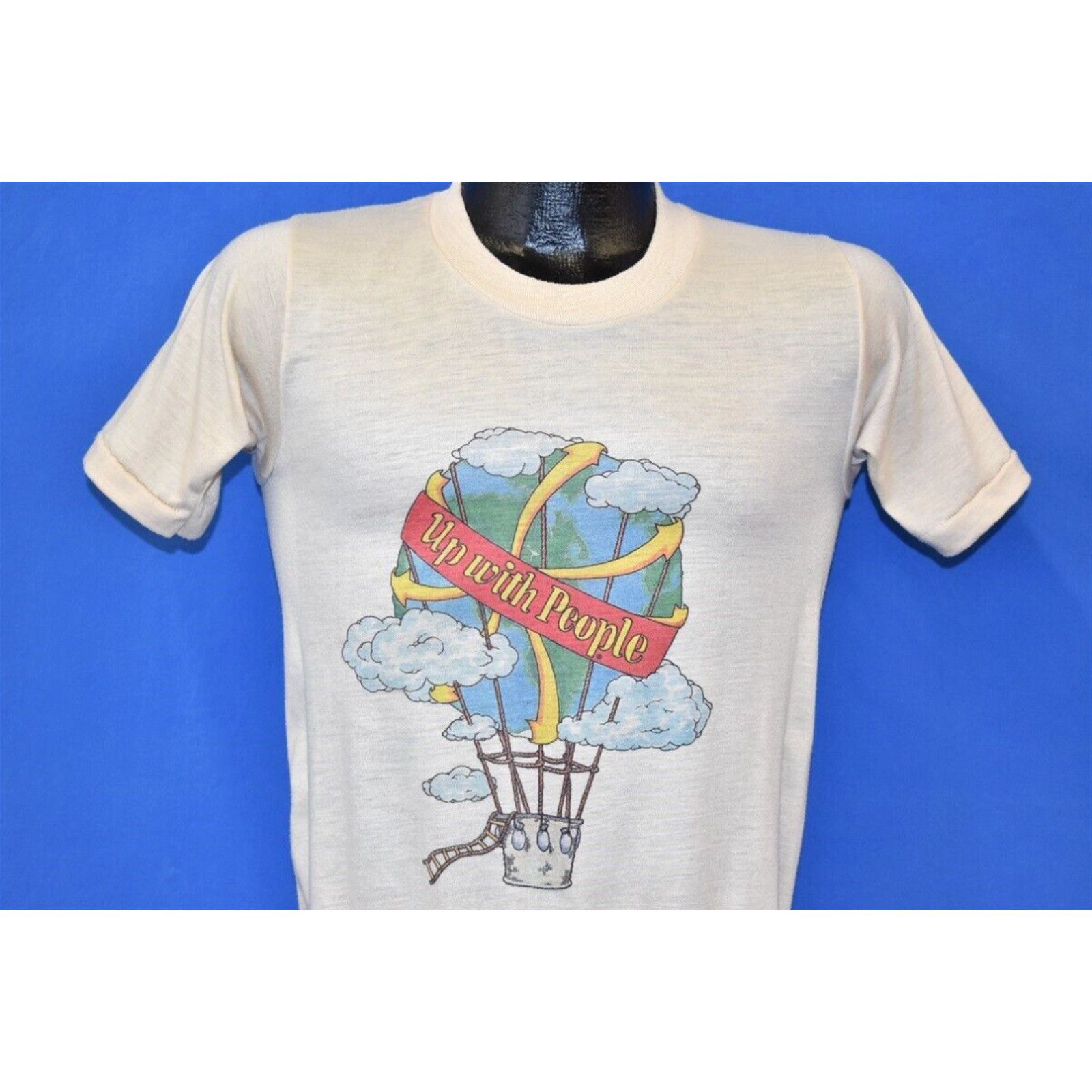 image of Vintage VTG 80's Up With People Organization Educational Hot Air Balloon Sky T-Shirt S in White (Si