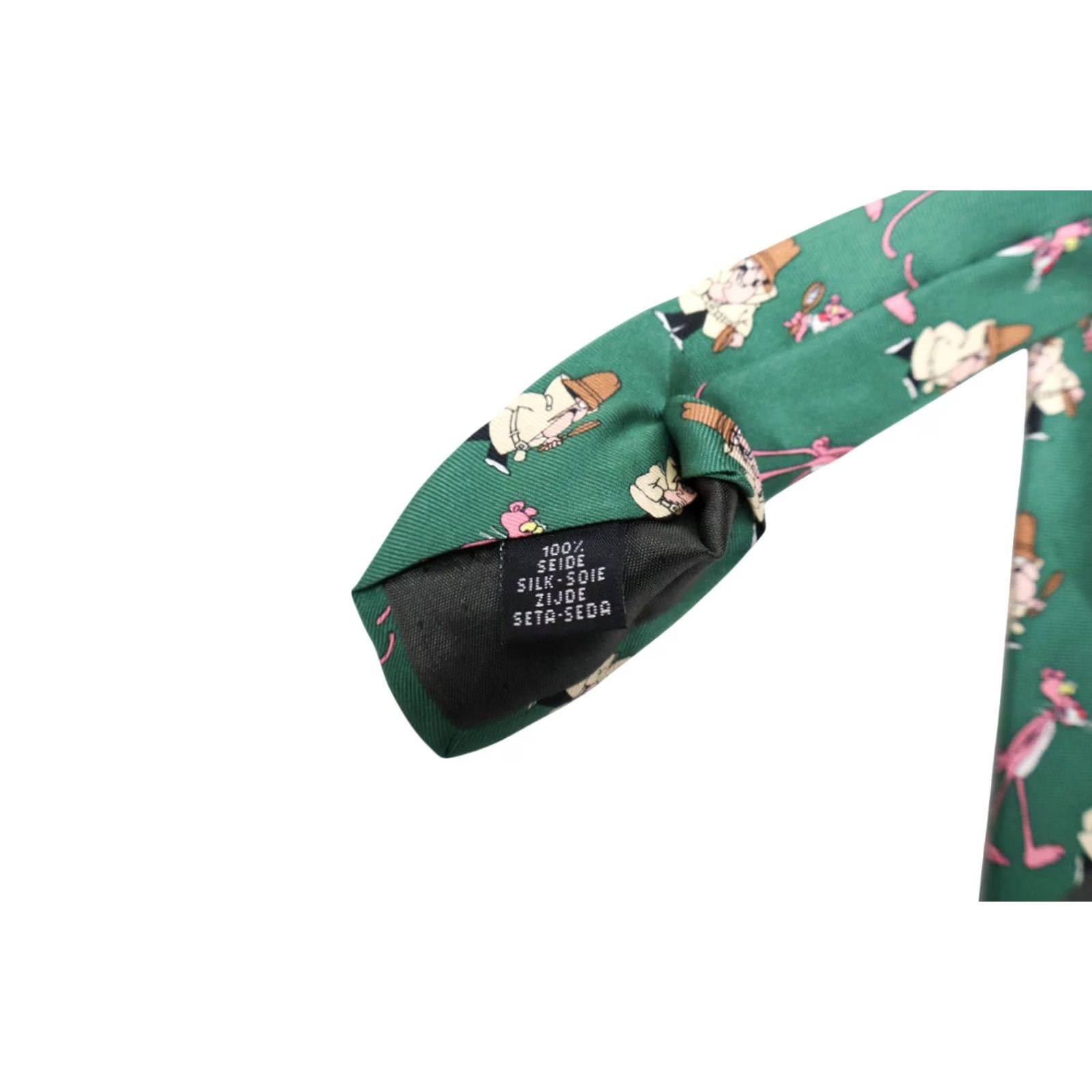 Pinko PINK PANTHER Vintage Tie Men's One Size Green Patterned Pointed Pure Silk Size US 35 - 7 Thumbnail