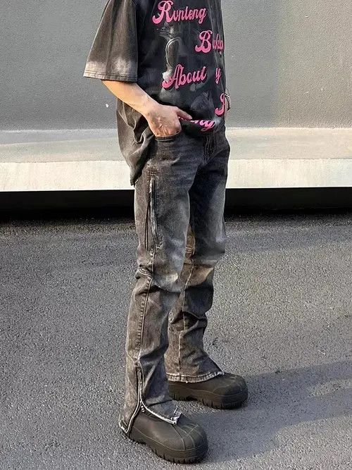 Japanese Brand × Jean Street Washed Gray Grunge Side Zip Micro Flared Jeans Size US 32 / EU 48 - 1 Thumbnail
