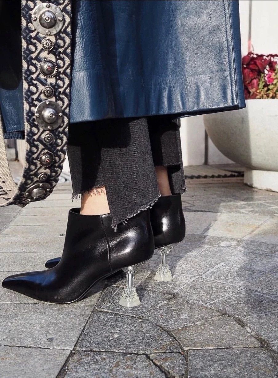 Celine CELINE black calfskin square-toe crystalheel boots Size US 7 / IT 37 - 9 Thumbnail
