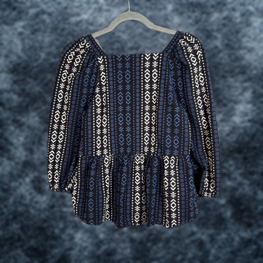 Madewell VINTAGE Madewell Blouse Womens XXS Blue & White Cotton Peplum Tribal Design Shirt Size XXS / US 00 / IT 34 - 1 Thumbnail