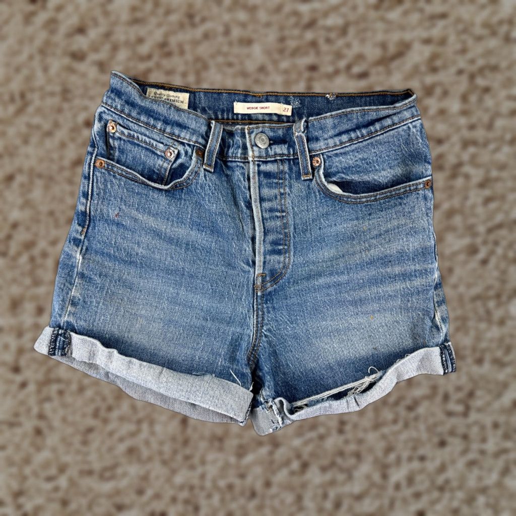 Levi's VINTAGE LEvis Shorts Womens 27 Blue Denim Jean Cutoff Premium Big E Button Wedgie 24x3 Size 27" / US 4 / IT 40 - 1 Thumbnail