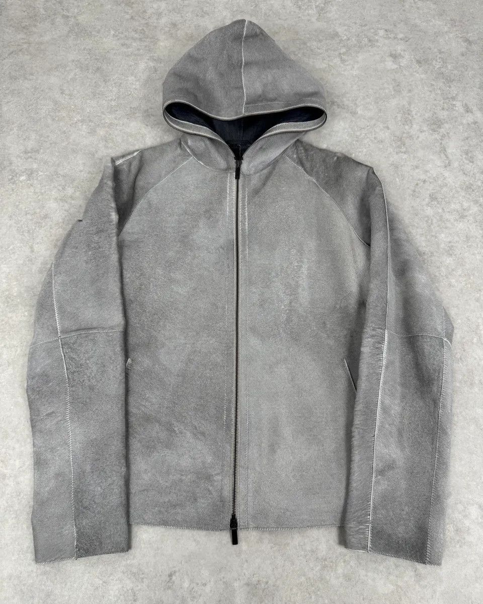 FW2016 Emporio Armani Grey Silver Pony Hair Hooded Leather Jacket