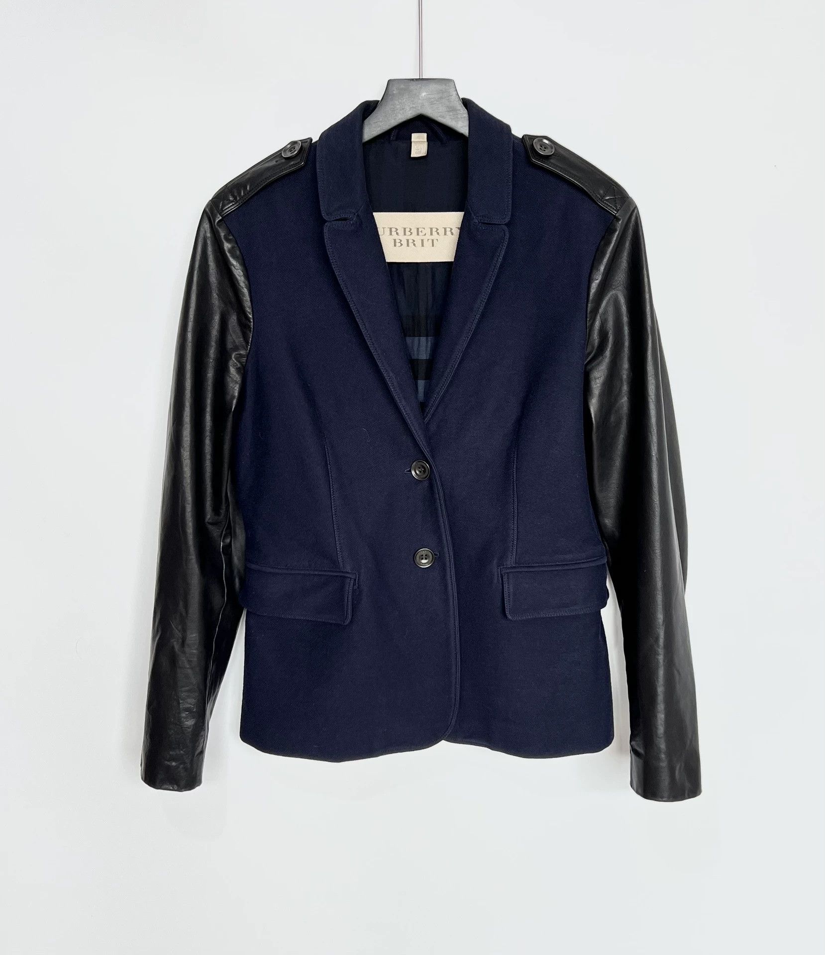 Burberry Burberry Navy Wool Leather Sleeve Blazer UK12 Size US XS / EU 42 / 0 - 1 Thumbnail