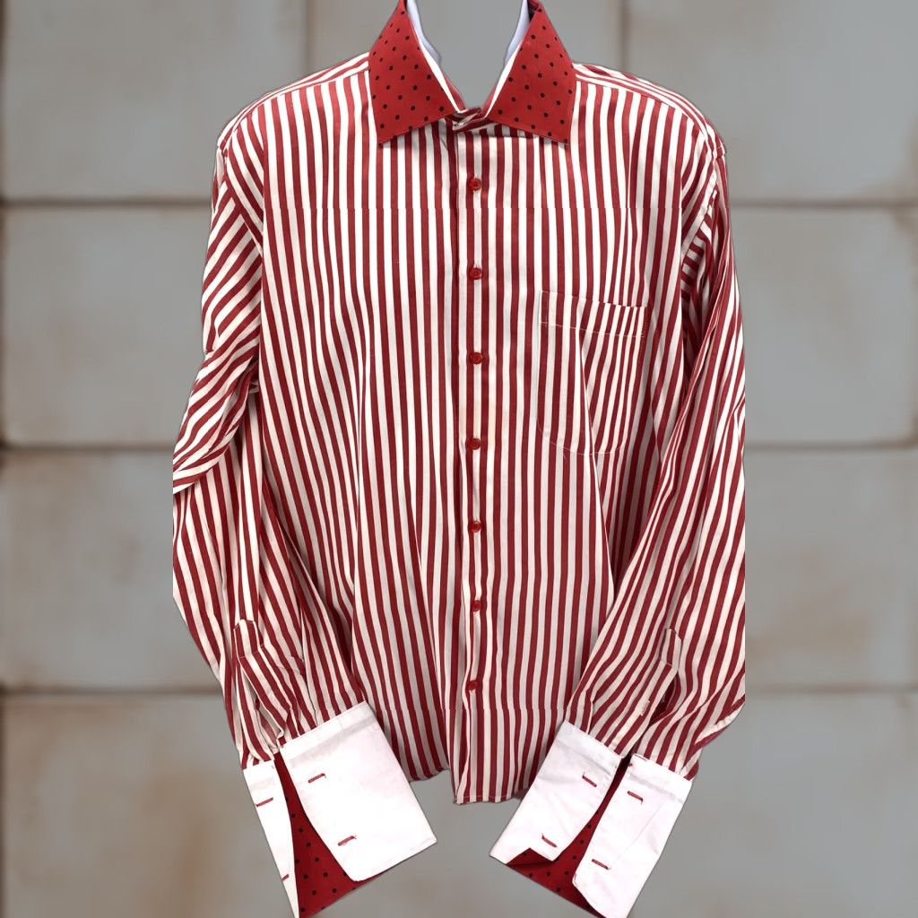 Needles Karl Knox Mens Dress Shirt Red Stripe Flip Cuff 17.5 36/37 Sleeve Pink White Pocket Collared Spread Collar Size US XXL / EU 58 / 5 - 1 Thumbnail