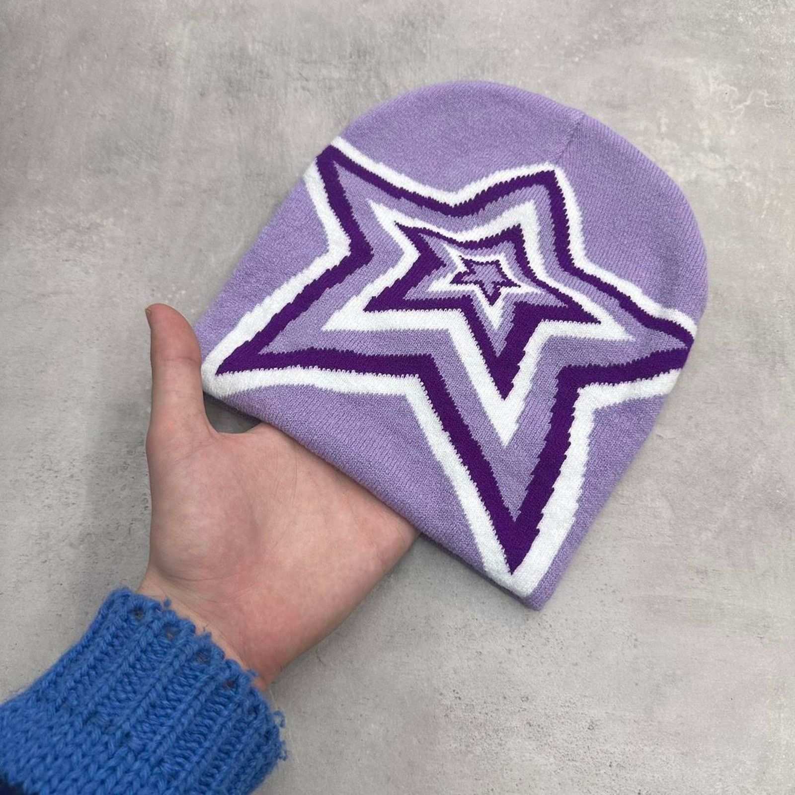 Vintage Purple and White Star Acrylic Graphic Beanie Hat Size ONE SIZE - 2 Thumbnail