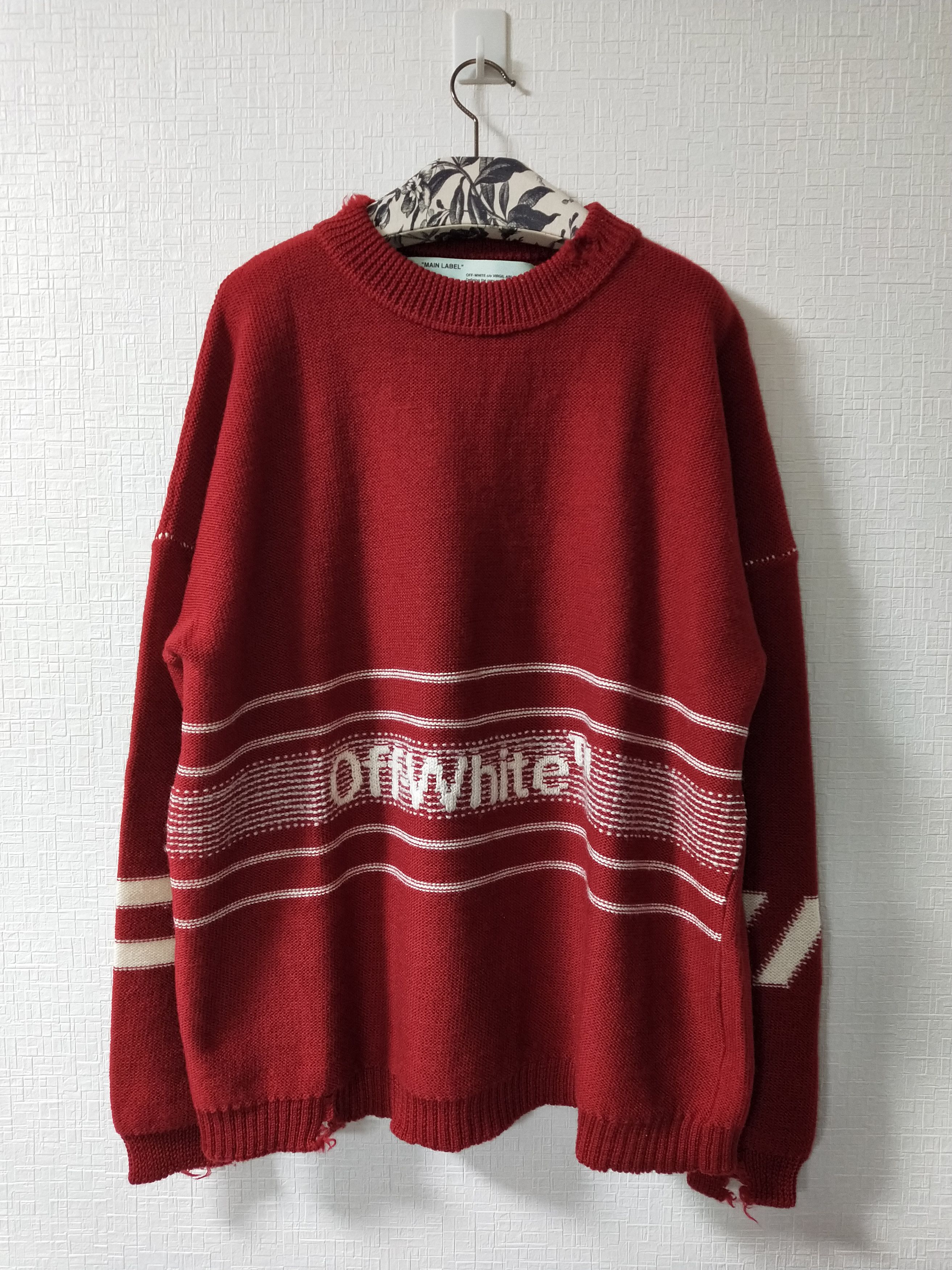 Off White Red Distressed Knit Sweater Grailed