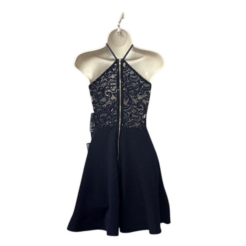 Other Sequin Hearts Juniors' Sequined Lace-Back Scuba Dress, Navy, Size ONE SIZE - 12 Thumbnail