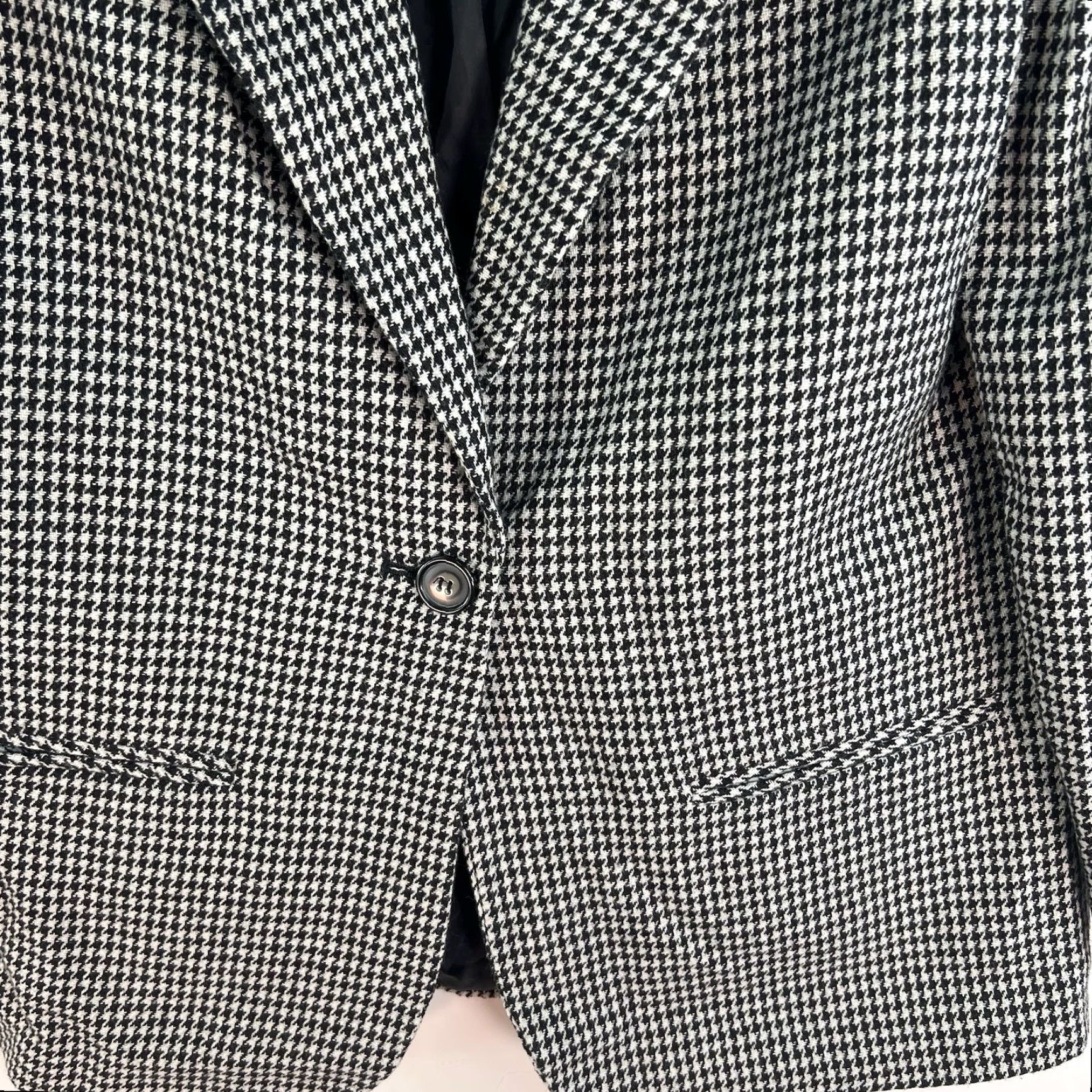 VINTAGE Sag Harbor Blazer Jacket Wool Blend Black White Velvet Collar Women 8P Houndstooth Button Mid-Length Long Sleeve Tailored 90s