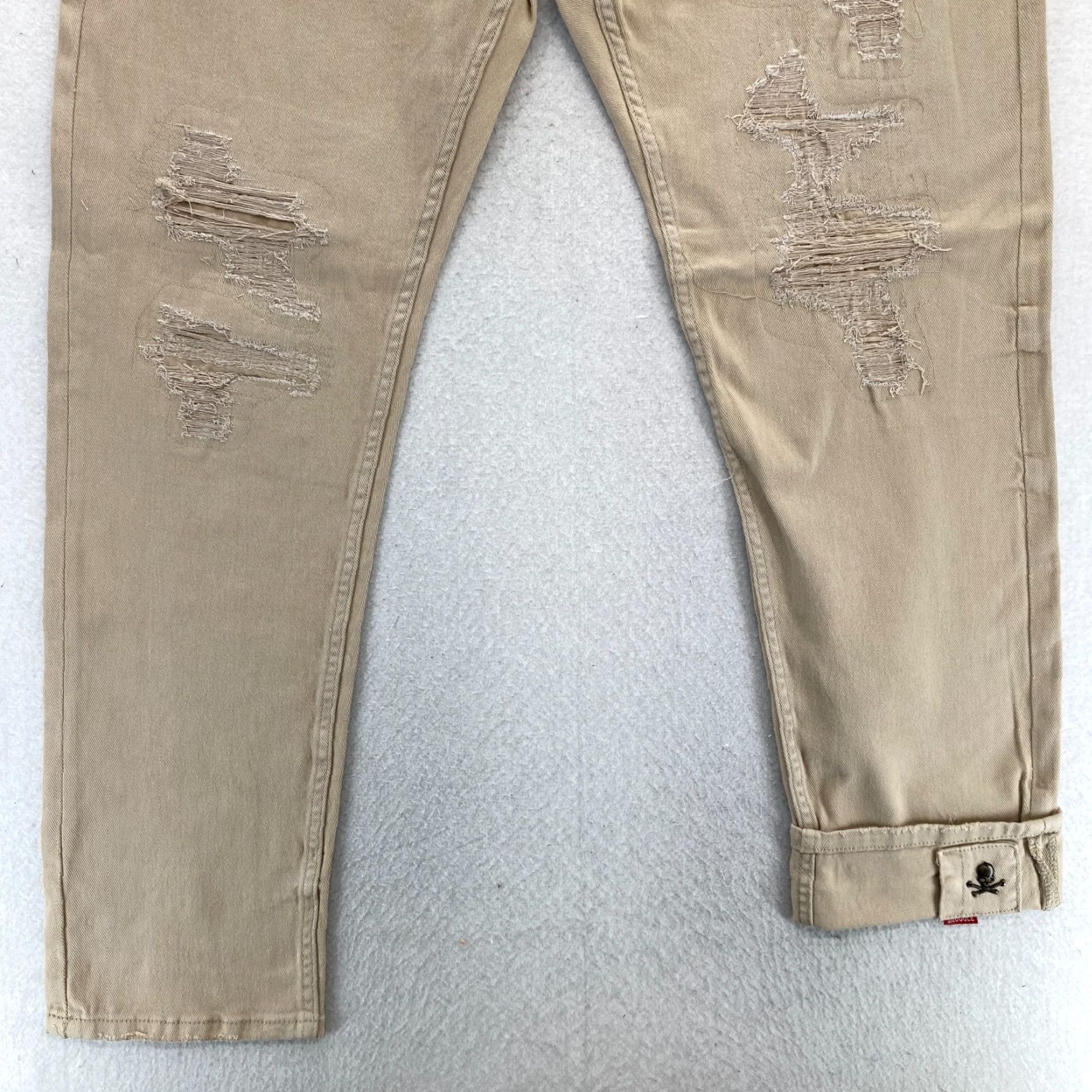 Denime Smugglers Moon Jeans Mens 42x33 Khaki Beige Denim Button Fly Roll Up Distressed Jeans Distressed Casual Slim 5-Pocket Denim Skull Logo Men Size US 42 / EU 58 - 3 Thumbnail