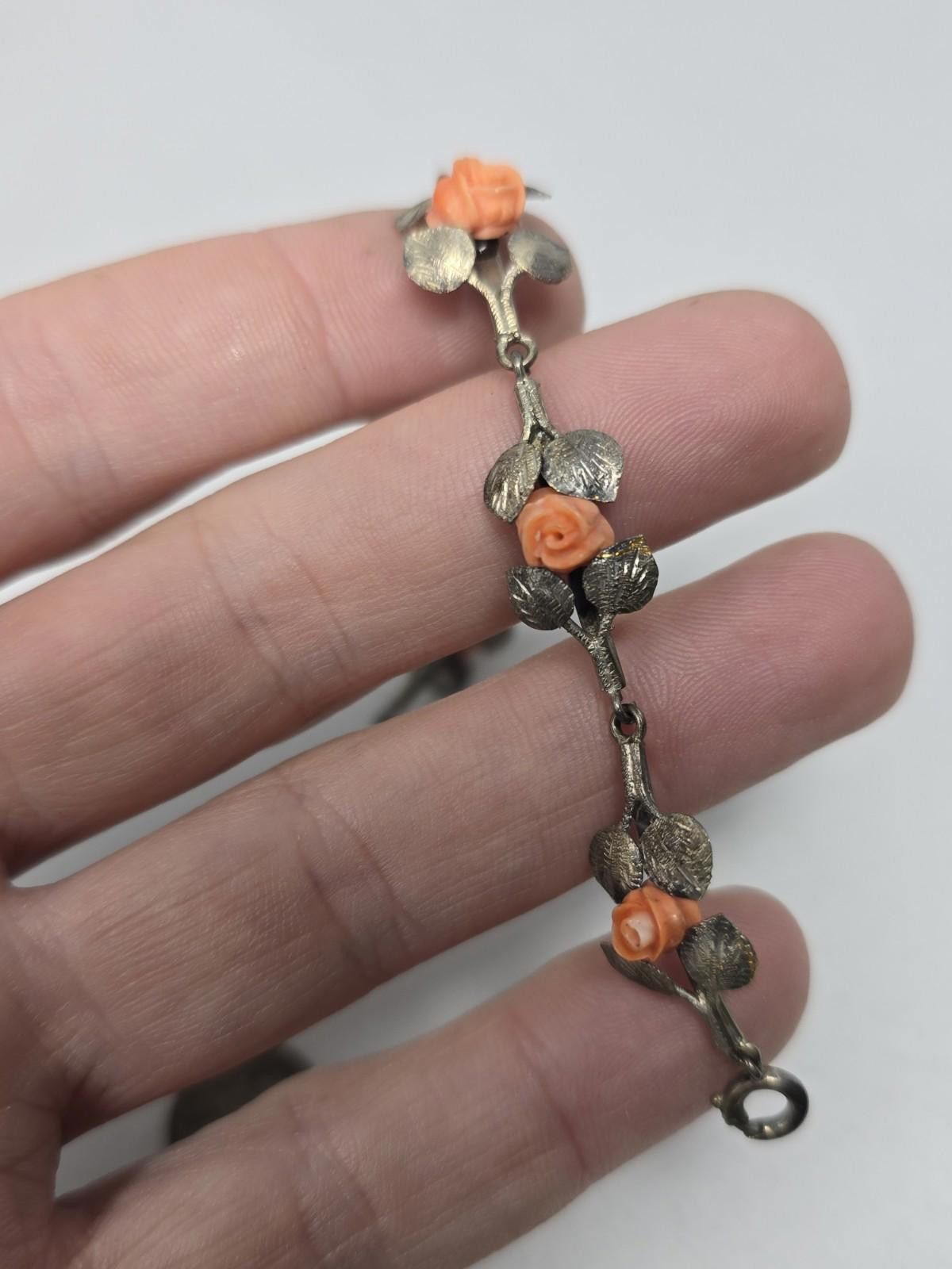 Antique Rivet Antique Sterling Silver Leaf Flower Bracelet Coral Roses Size ONE SIZE - 4 Thumbnail