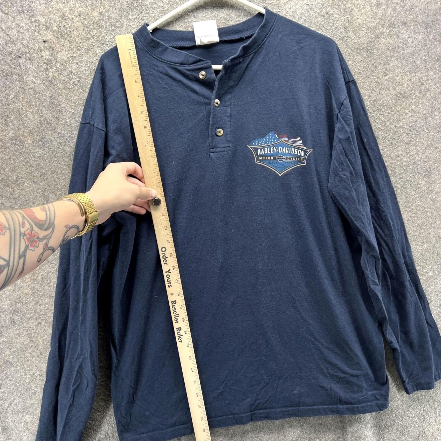 Harley Davidson Harley-Davidson Shirt Mens Large Navy Long Sleeve Henley Flag Graphic USA Size US L / EU 52-54 / 3 - 5 Thumbnail