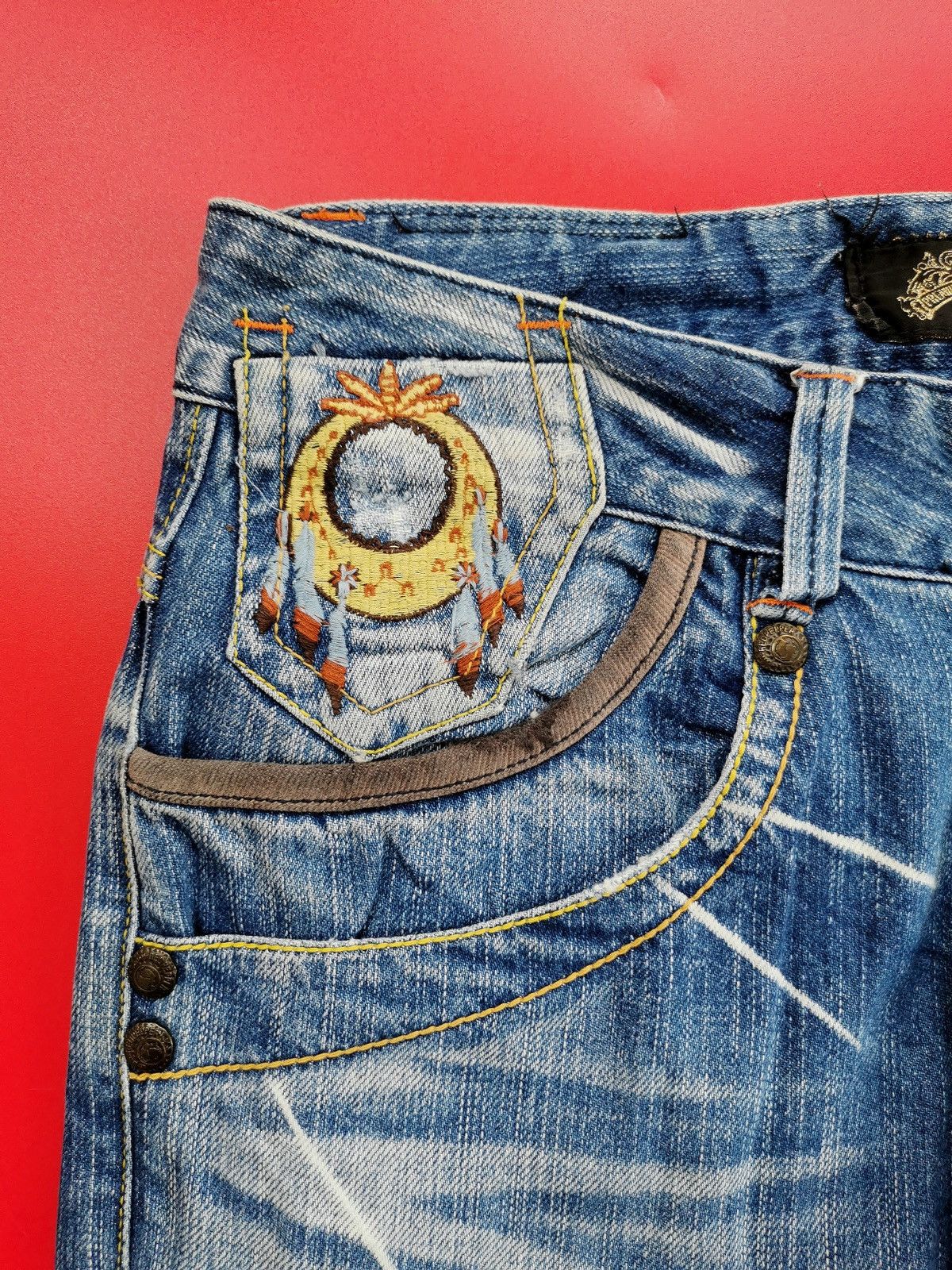 If Six Was Nine Red Pepper Red Indian Embroidery Denim Jeans Size US 32 / EU 48 - 10 Thumbnail