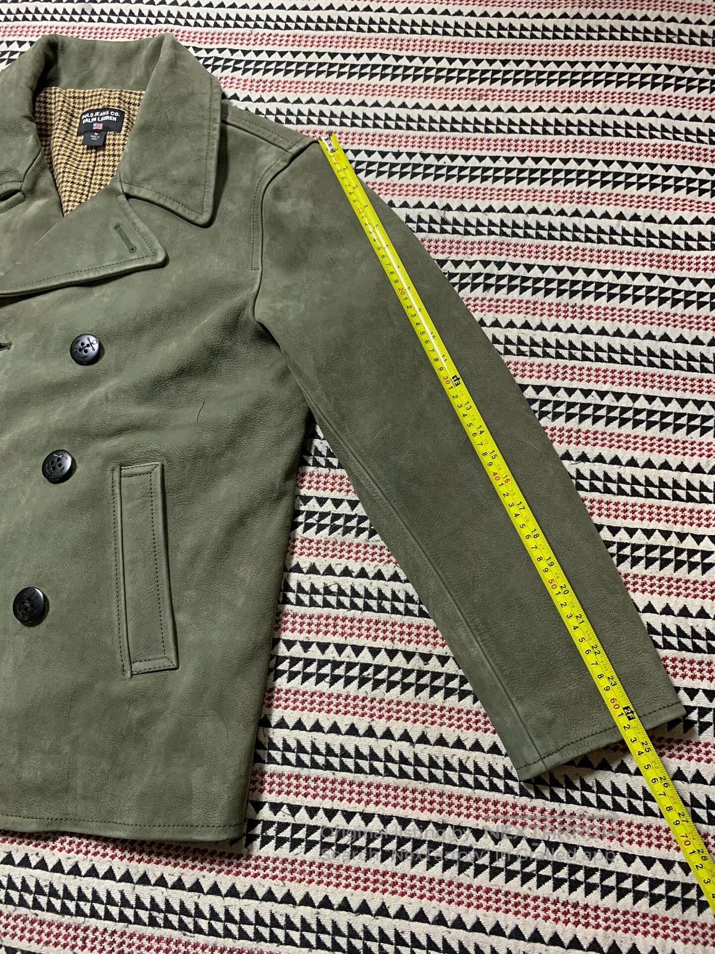 Vintage olive green leather double-breasted jacket. Size US M / EU 48-50 / 2 - 6 Thumbnail