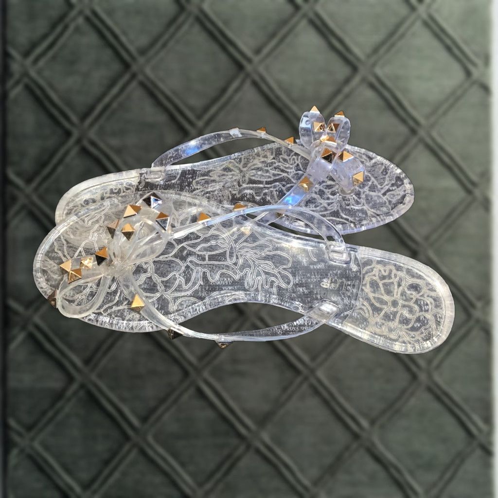Vintage Olivia Miller Clear 40 Sandals Bow thong Studded Flat Slip-on Womens Adult 9 US Shoes Flat 9 Size US 9 / IT 39 - 1 Thumbnail