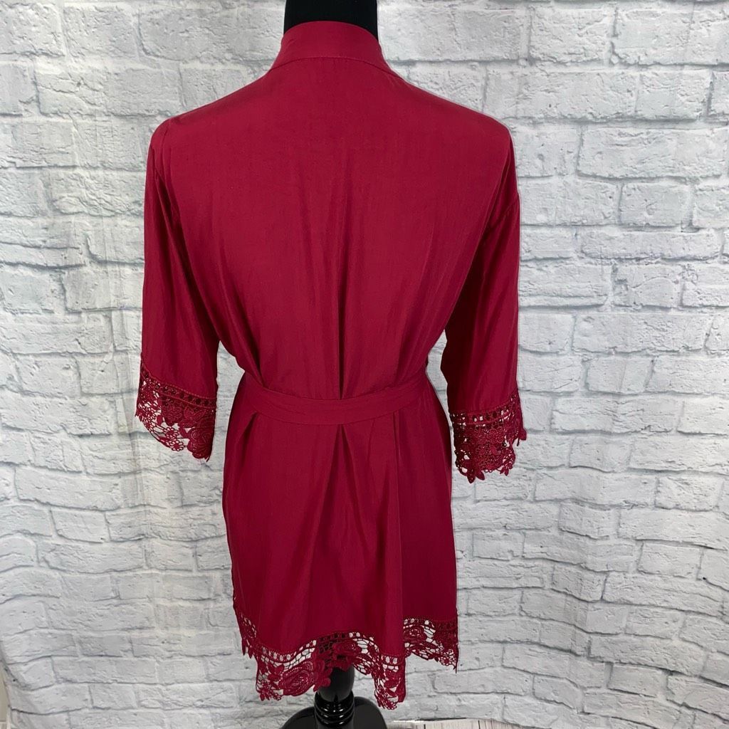 Other Women’s tie front robe with lace trim burgundy color sz smal Size ONE SIZE - 8 Thumbnail