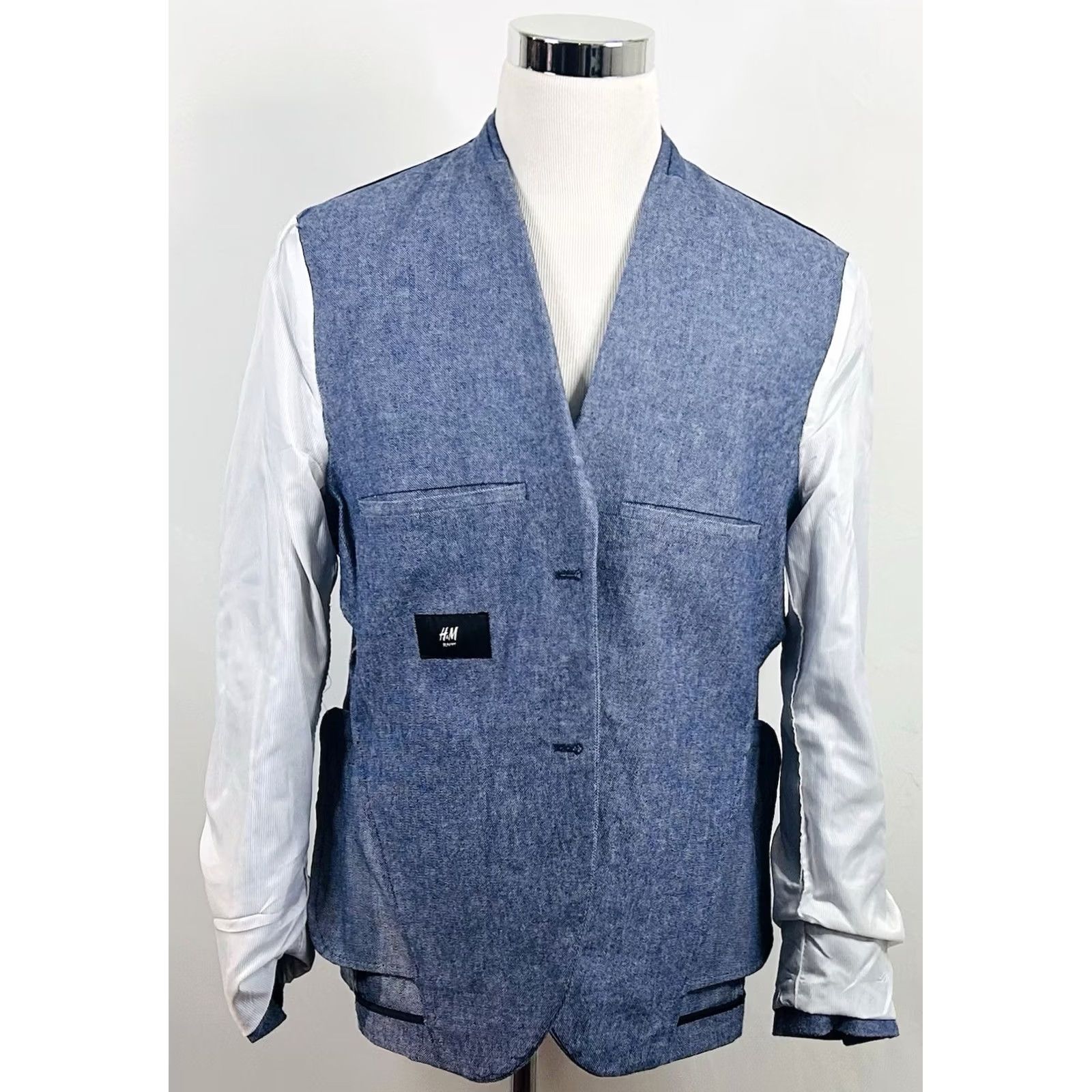 H&M H&M 44R Slim Fit Chambray Sport Coat Elbow Patches Blue Cotton Two Button Vented Jacket/Coat Size US XS / EU 42 / 0 - 7 Thumbnail