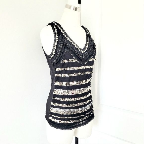 Nine West Black/Silver Sequin-Striped Ruffle Trim V-Neck Tank Glam Size M / US 6-8 / IT 42-44 - 3 Thumbnail