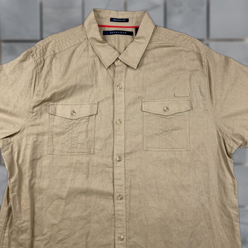 Sean John VINTAGE: NO | Sean John Button-Up Shirt Mens 4XL Beige Original Fit Linen Short Sleeve NWT Size US XXL / EU 58 / 5 - 1 Thumbnail